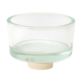 Steckfigur: Teelichthalter Glas – Ein leerer, klarer Glaszylinder auf einem runden Holzsockel, ideal für sicheres Teelichtbrennen und festliche Tischdekoration, handgefertigt in einer deutschen Manufaktur.