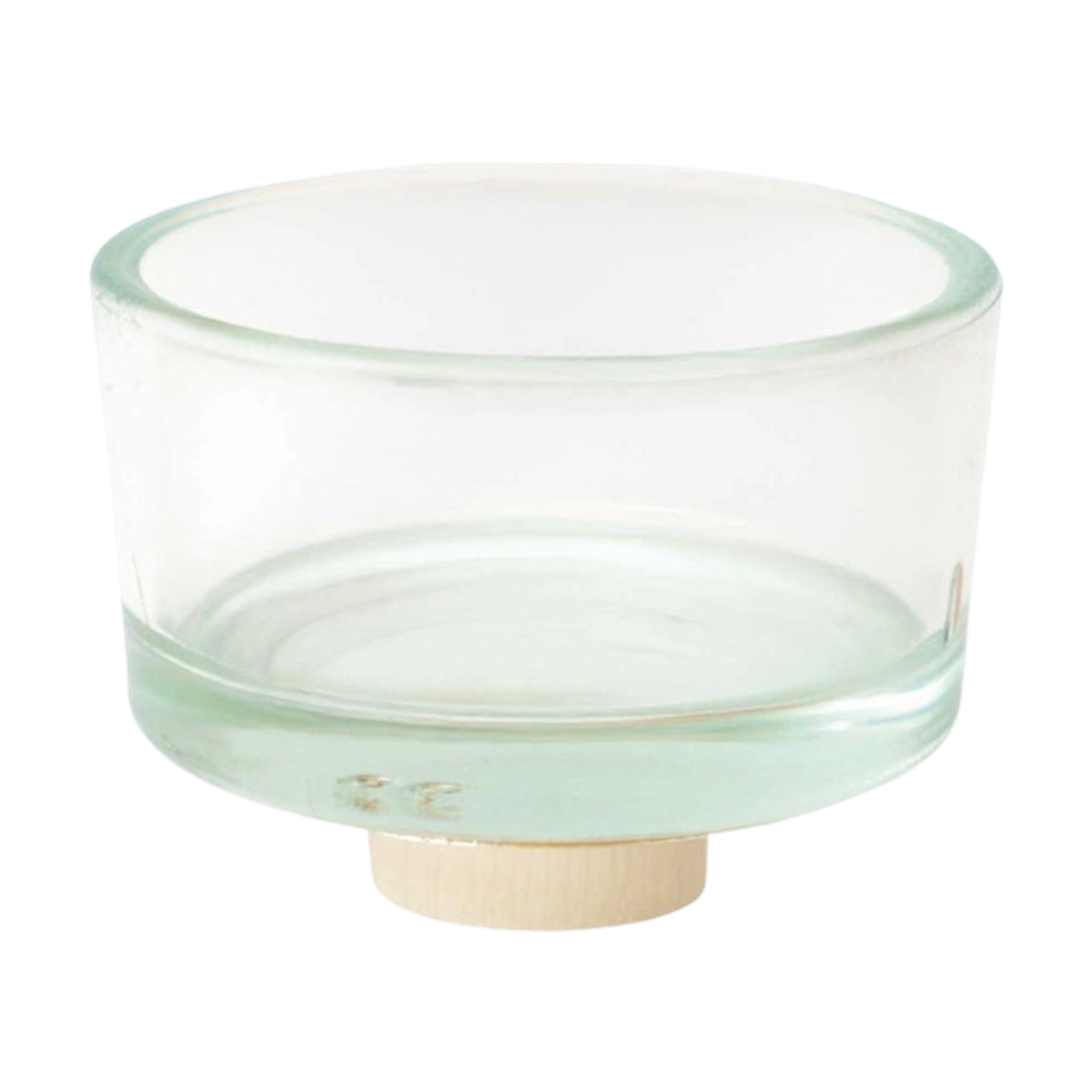 Steckfigur: Teelichthalter Glas – Ein leerer, klarer Glaszylinder auf einem runden Holzsockel, ideal für sicheres Teelichtbrennen und festliche Tischdekoration, handgefertigt in einer deutschen Manufaktur.