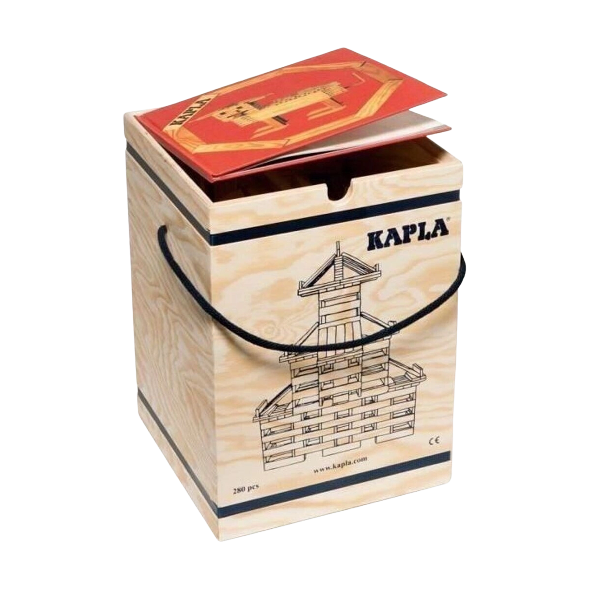 Bausteine: 280er Kasten, eine hochwertige Holzkiste mit Seilgriff, enthält 280 naturfarbene Kapla-Plättchen und ein rotes Kunstbuch. Perfekt für kreative Baumeister:innen, ideal für nachhaltiges, spielerisches Lernen.