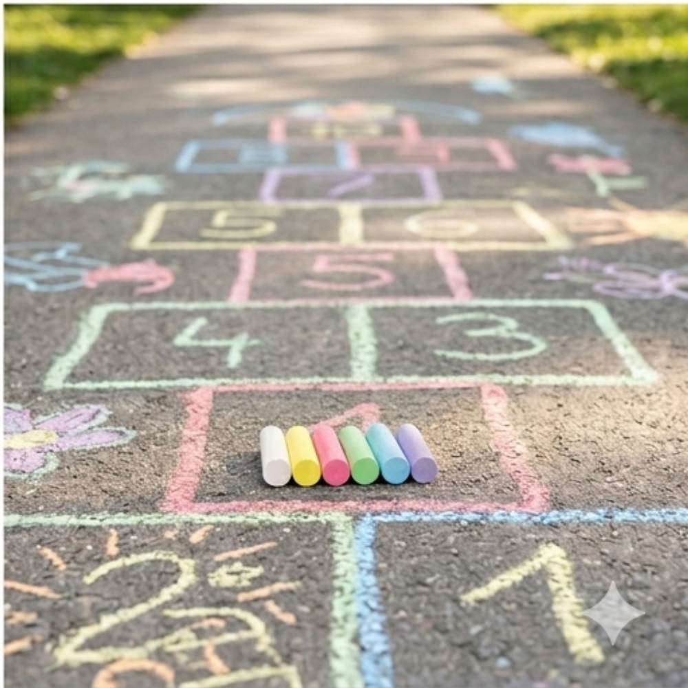 Kritzelkreide auf Asphalt zeigt ein farbenfrohes Hüpfspiel. Die dicken Kreiden, ideal für Kinderhände, liegen in Reihe. Perfekt für staubfreies Spielen und leicht abwaschbar, vegan und umweltfreundlich.