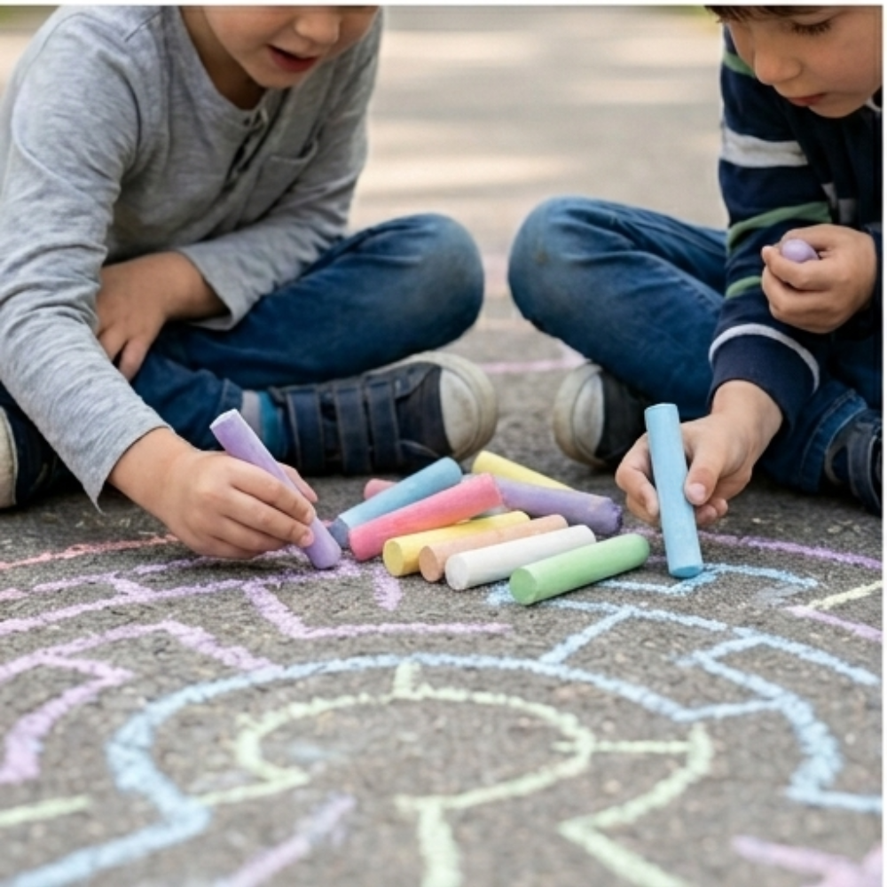 Zwei Kinder sitzen auf dem Gehweg und malen mit Kritzelkreide bunte Muster. Die pastellfarbenen, staubarmen Kreiden sind ideal für kleine Hände und lassen sich leicht abwaschen.