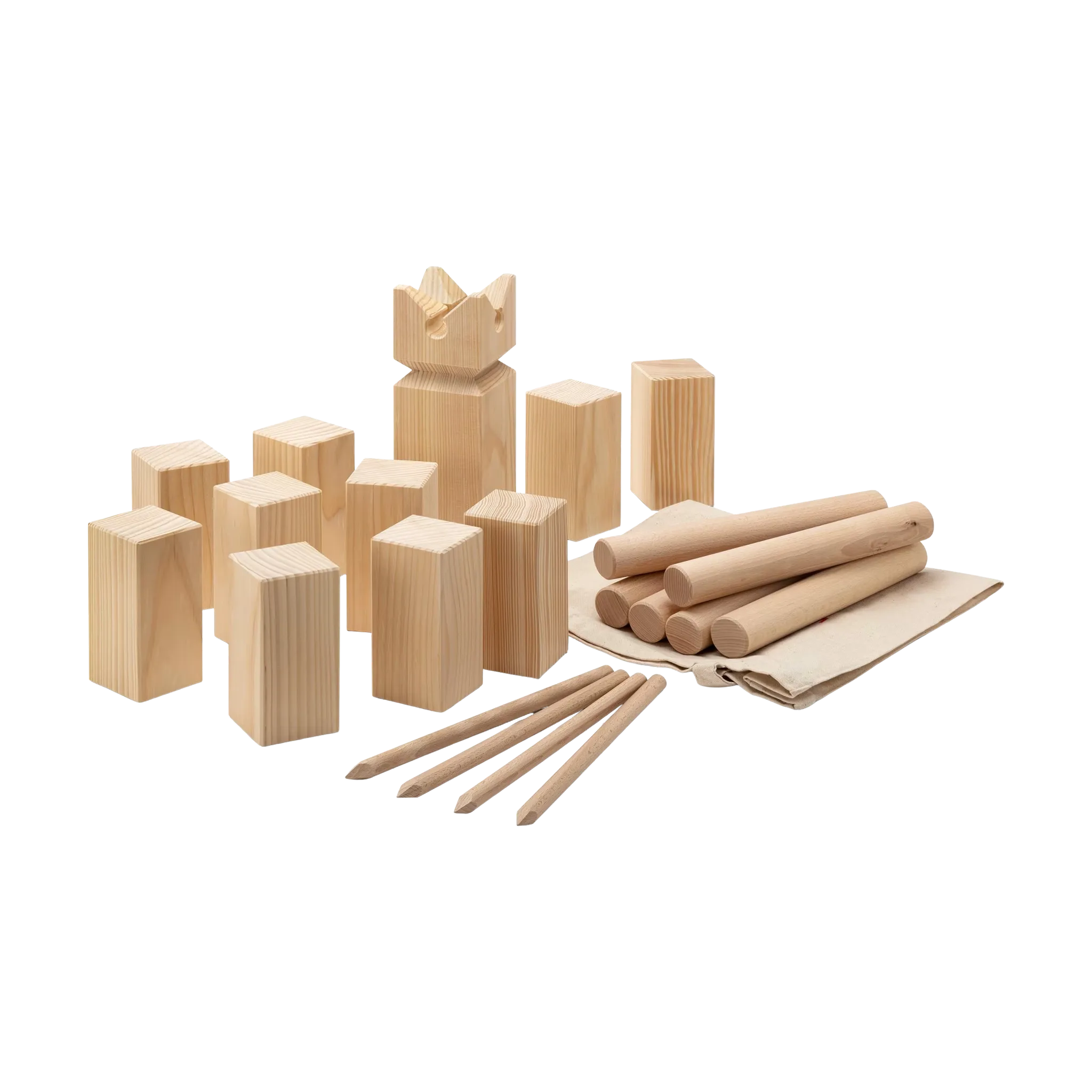 Outdoorspiel: Kubb-Set aus unbehandeltem Holz, bestehend aus massiven Kubb- und Königsteinen aus Weißtanne, sowie Wurfhölzern und Zylinderstäben aus heimischem Buchenholz, präsentiert auf einer Leinwandtasche.