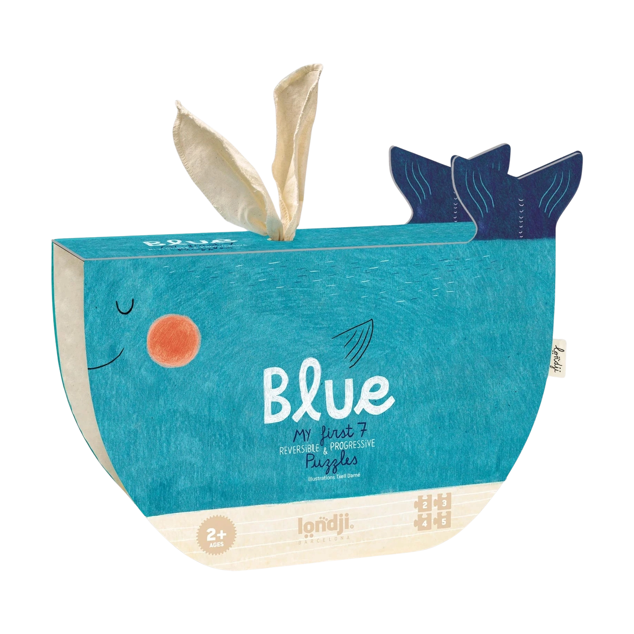 Puzzle: Blue, ein Karton in Form eines Wals von Londji, enthält sieben progressive und reversible Puzzles für Kleinkinder ab 2 Jahren. Ideal für nachhaltige, designbewusste Eltern bei KLICKKLACK.