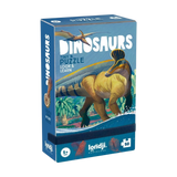 Minipuzzle: Dinosaurs von Londji zeigt einen stilisierten Dinosaurier am Wasser auf der Verpackung. Es enthält 50 Teile und 12 Lernkarten, ideal für Kinder ab 5 Jahren. Nachhaltig in Spanien hergestellt.