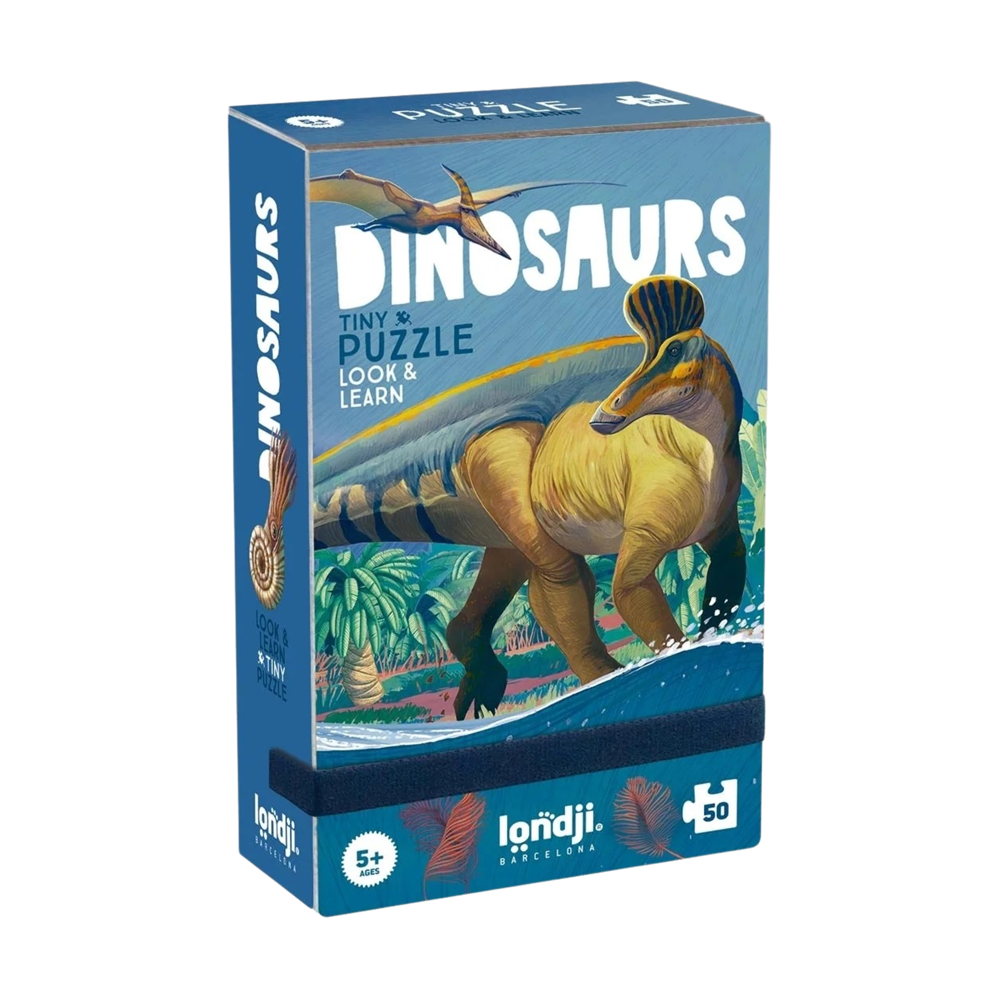 Minipuzzle: Dinosaurs von Londji zeigt einen stilisierten Dinosaurier am Wasser auf der Verpackung. Es enthält 50 Teile und 12 Lernkarten, ideal für Kinder ab 5 Jahren. Nachhaltig in Spanien hergestellt.