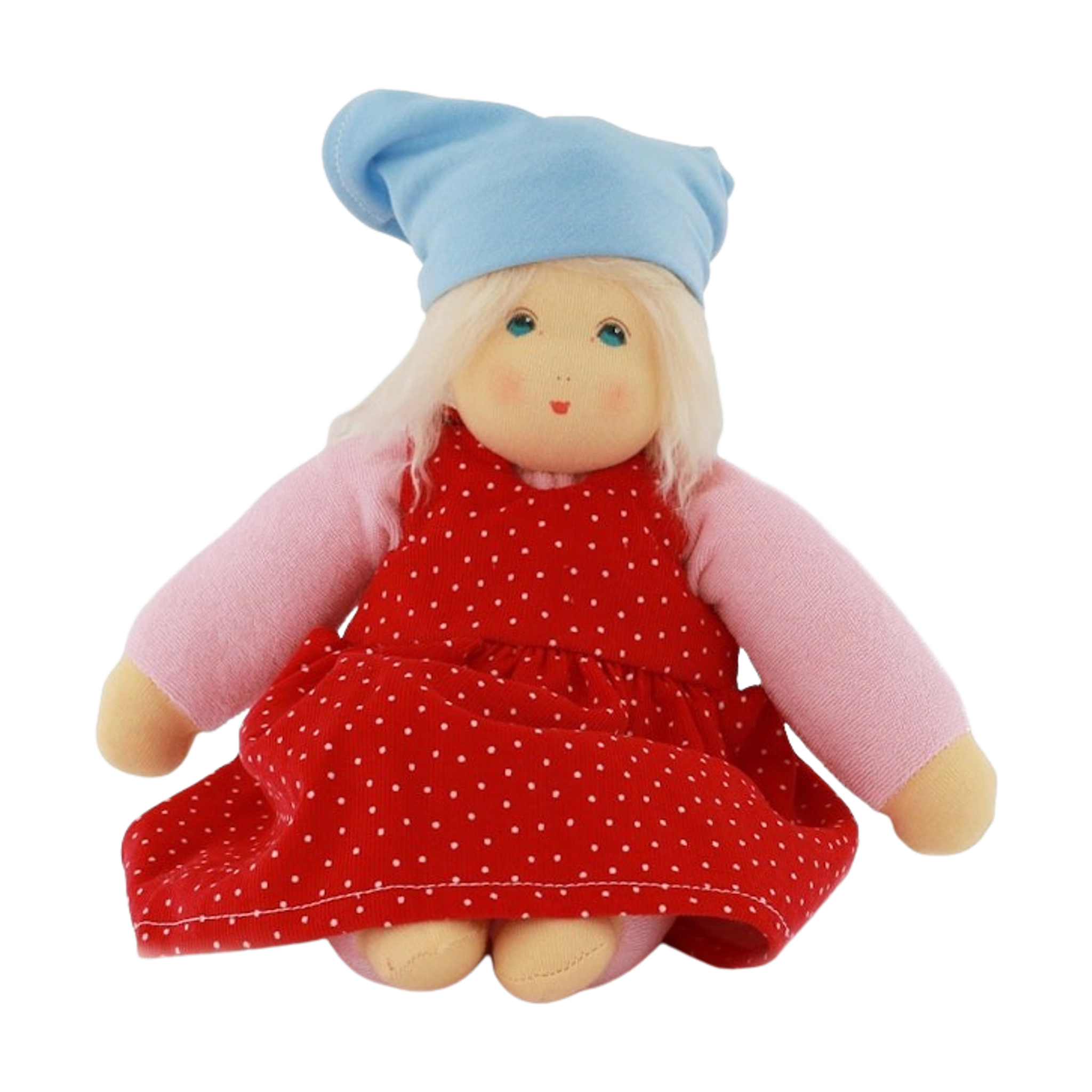 Puppe: Sommerkind Lotti trägt ein rotes, weiß gepunktetes Kleid mit abnehmbarem Kopftuch, gefertigt aus Bio-Baumwollfrottee. Die Puppe hat blonde Haare und ein einfaches, freundliches Gesicht.