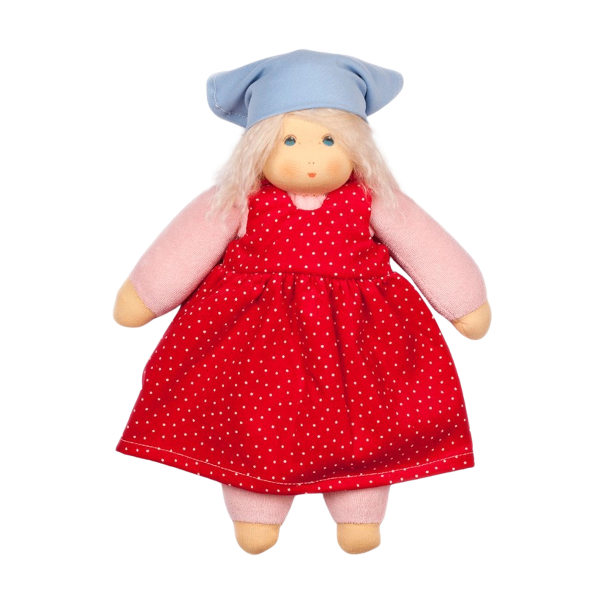 Puppe: Sommerkind Lotti trägt ein abnehmbares Kleid mit roten Punkten und ein Kopftuch, gefertigt aus Bio-Baumwollfrottee. Die Puppe besteht aus schadstofffreier Schafschurwolle, handgefertigt in Deutschland.
