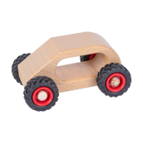Holzfahrzeug: Knubbelauto Van aus geöltem, massivem Buchenholz, mit einfacher Form und rechteckigem Ausschnitt für Kinderhände, rollend auf schwarzen Gummireifen mit roten Kunststofffelgen, fördert Motorik und Rollenspiele.