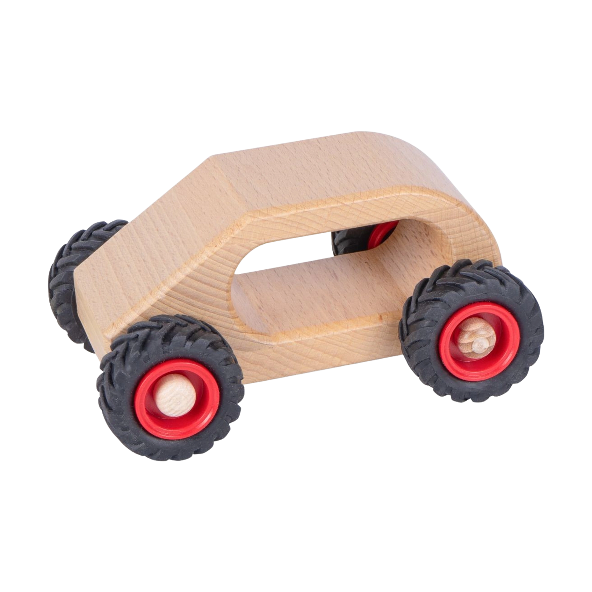 Holzfahrzeug: Knubbelauto Van aus geöltem, massivem Buchenholz, mit einfacher Form und rechteckigem Ausschnitt für Kinderhände, rollend auf schwarzen Gummireifen mit roten Kunststofffelgen, fördert Motorik und Rollenspiele.