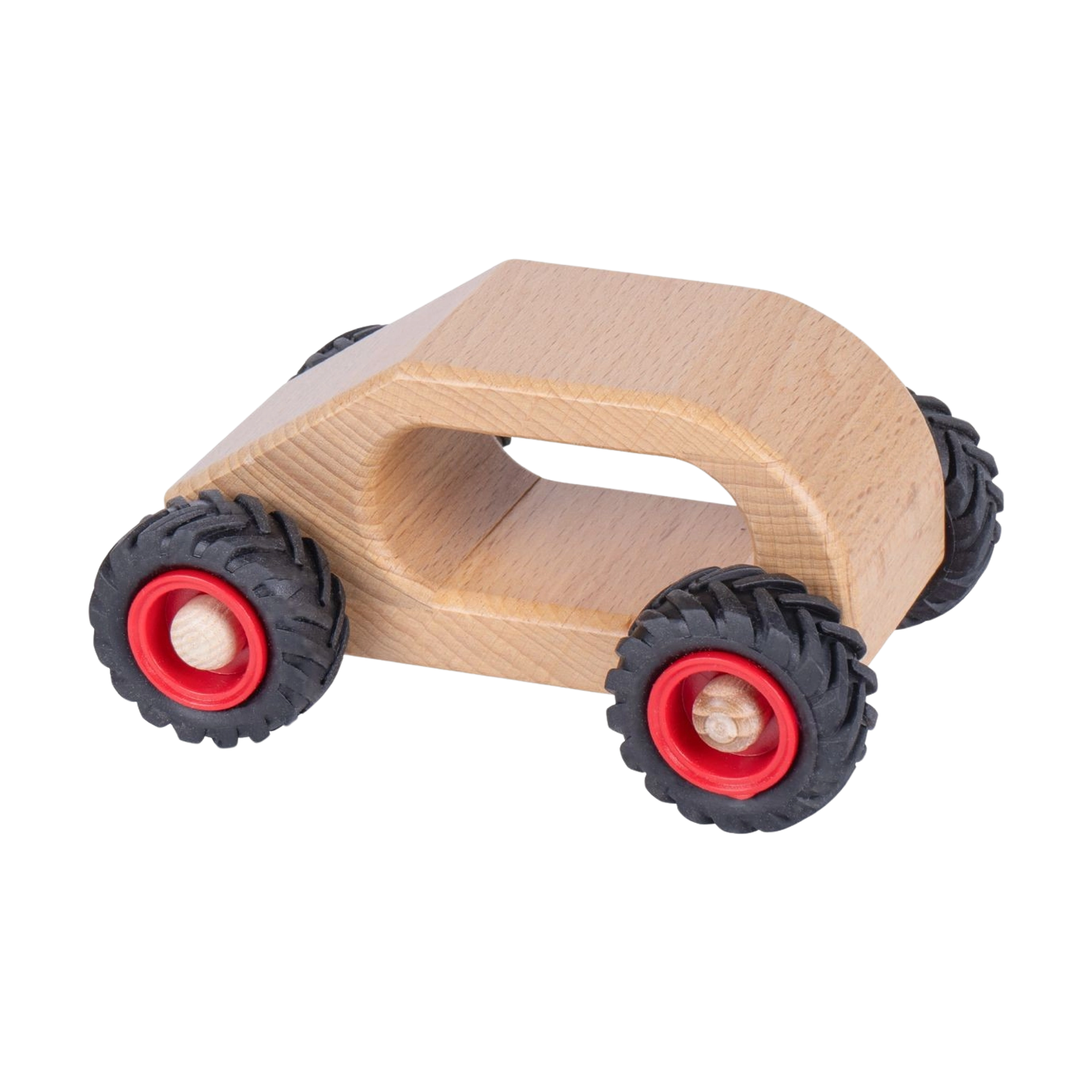 Holzfahrzeug: Knubbelauto Van aus geöltem Buchenholz, mit handlichem Griffloch. Vier schwarze Gummireifen mit roten Naben auf Holzachsen. Ideal für kleine Kinderhände, fördert Motorik und Rollenspiele.