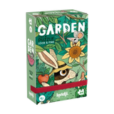 Minipuzzle: Garden von Londji zeigt einen Hasen mit Strohhut, Apfel und Karotte, umgeben von Sonnenblume und Maus, vor einem grünen Gartenhintergrund. 24-teilig, ideal für Kinder ab 4 Jahren.