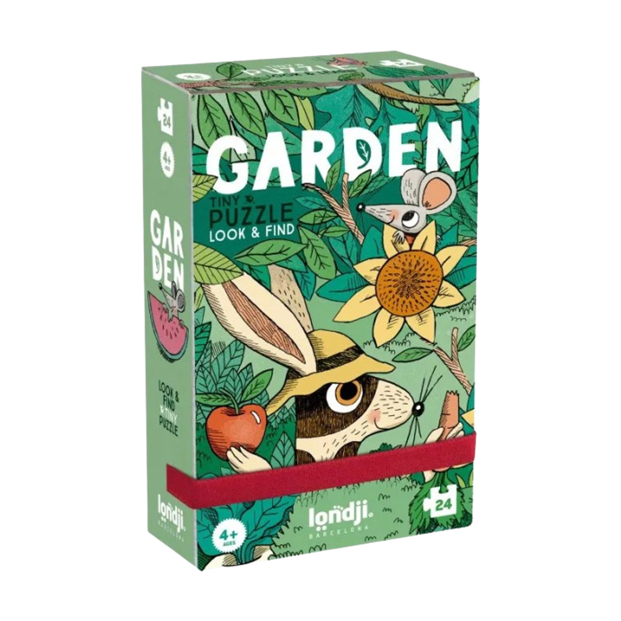 Minipuzzle: Garden von Londji zeigt einen Hasen mit Strohhut, Apfel und Karotte, umgeben von Sonnenblume und Maus, vor einem grünen Gartenhintergrund. 24-teilig, ideal für Kinder ab 4 Jahren.