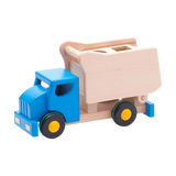 Holzfahrzeug: LKW-Kipper blau, ein robustes Spielzeug aus Buchen- und Ahornholz, mit blauer Kabine und kippbarer Ladefläche, ideal für Kinder. Nachhaltig gefertigt in Polen, exklusiv bei KLICKKLACK erhältlich.
