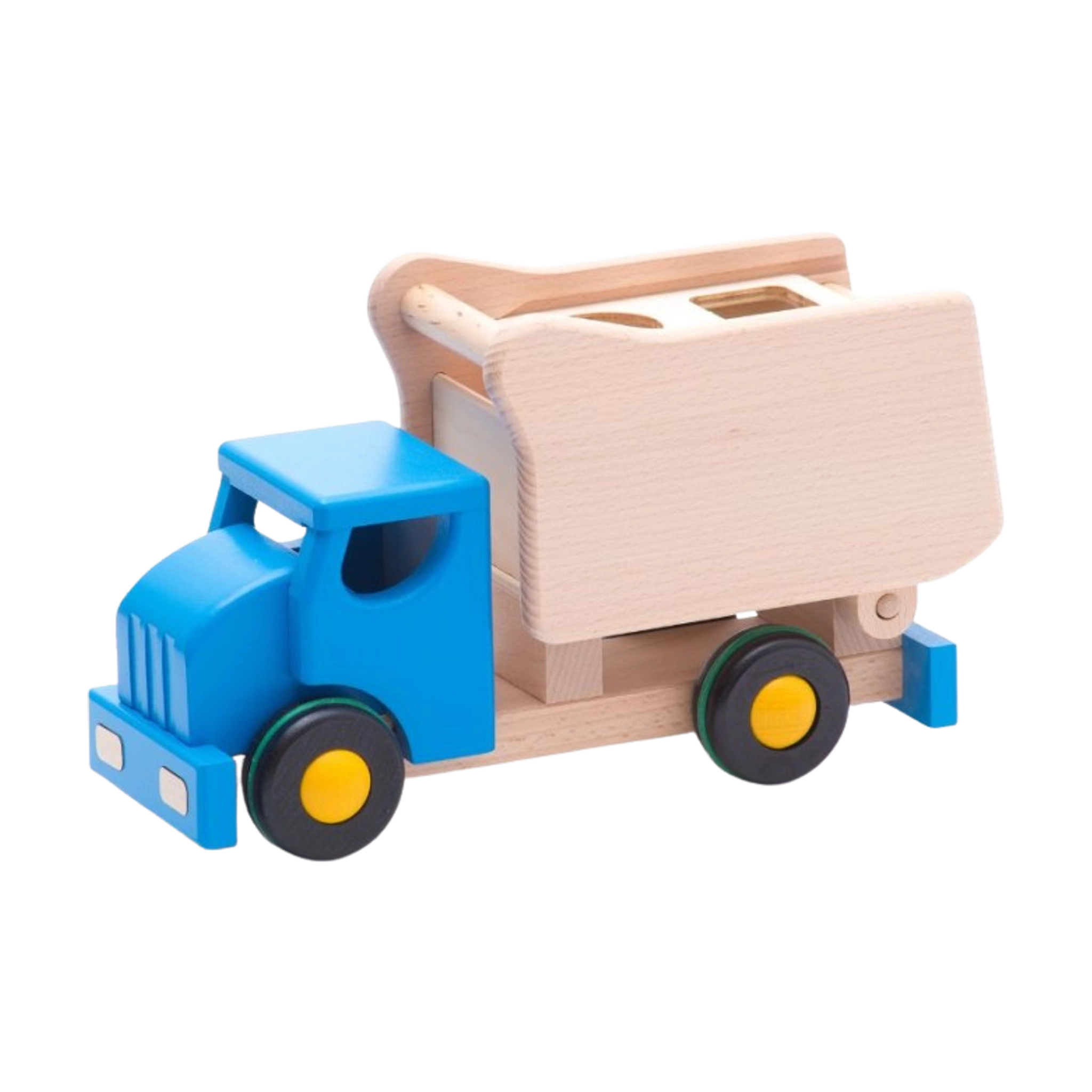 Holzfahrzeug: LKW-Kipper blau, ein robustes Spielzeug aus Buchen- und Ahornholz, mit blauer Kabine und kippbarer Ladefläche, ideal für Kinder. Nachhaltig gefertigt in Polen, exklusiv bei KLICKKLACK erhältlich.