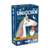 Produktverpackung des Minipuzzle: Unicorn, zeigt ein Einhorn mit Regenbogenmähne, Elffigur, Nachthimmel mit Sternen und Mond sowie Girlanden; enthält 24 Teile, geeignet für Kinder ab 4 Jahren, Marke londji Barcelona.