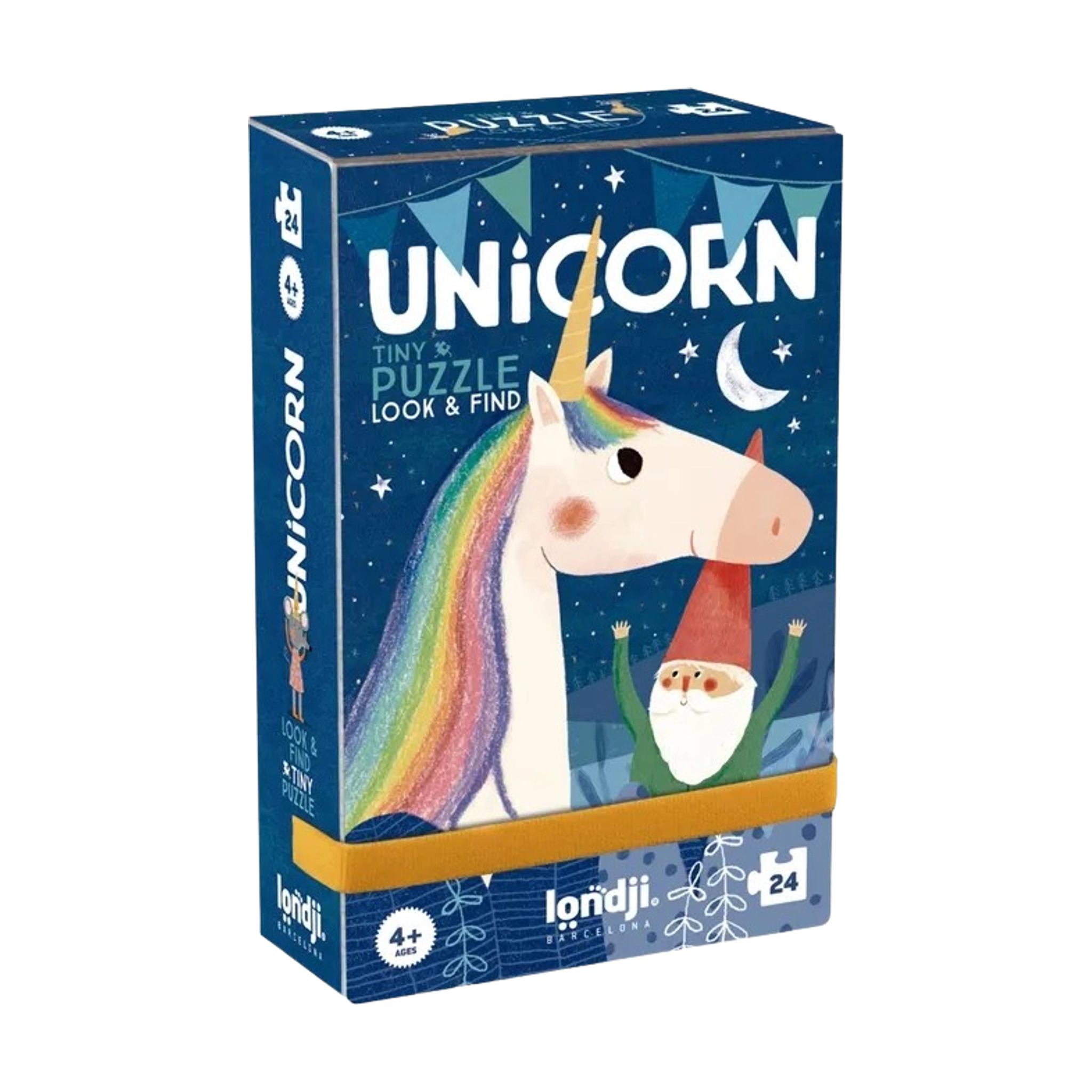 Produktverpackung des Minipuzzle: Unicorn, zeigt ein Einhorn mit Regenbogenmähne, Elffigur, Nachthimmel mit Sternen und Mond sowie Girlanden; enthält 24 Teile, geeignet für Kinder ab 4 Jahren, Marke londji Barcelona.