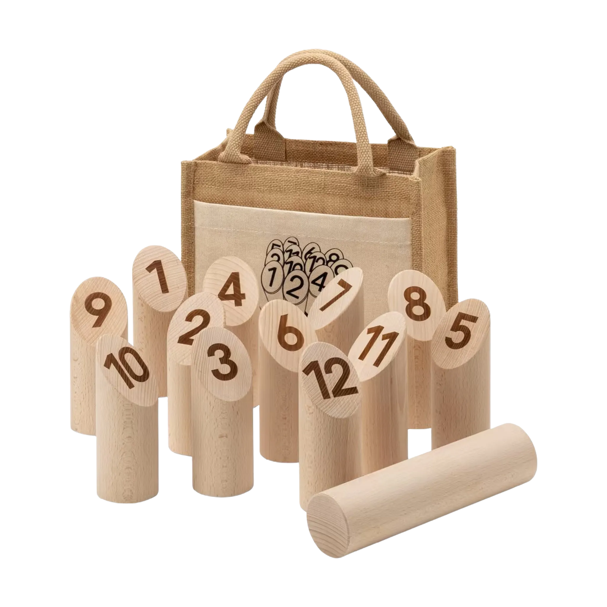 Outdoorspiel: Weikky umfasst 12 nummerierte Holzkegel und einen Wurfpin aus unbehandeltem Buchenholz, verpackt in einem kleinen Tragetasche. Perfekt für Geschicklichkeitsspiele im Garten oder Park.